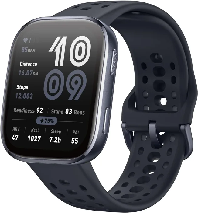 Amazfit Bip 6 smartwatch with square AMOLED display, dark band