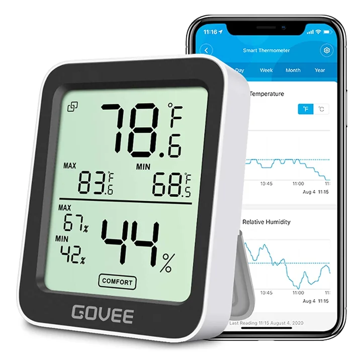 Govee H5075 indoor hygrometer thermometer with its phone app