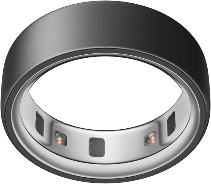 Oura Ring 4 smart ring, Stealth finish, showing the inner sensors