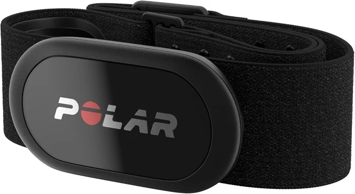 Polar H10 heart rate sensor on its chest strap